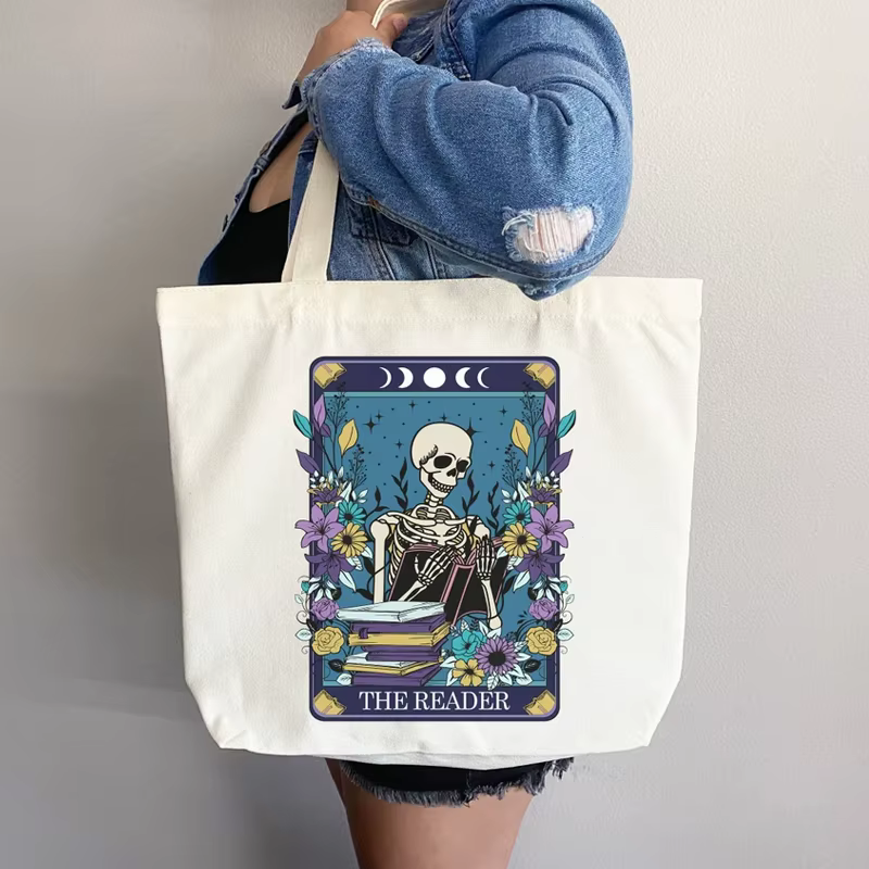 Le lecteur crâne grand sac à main en toile fourre-tout quotidien cadeau pour les amateurs de livres