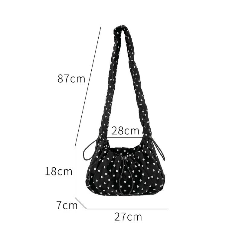 Sac bandoulière plissé rétro à pois grande capacité pour femme