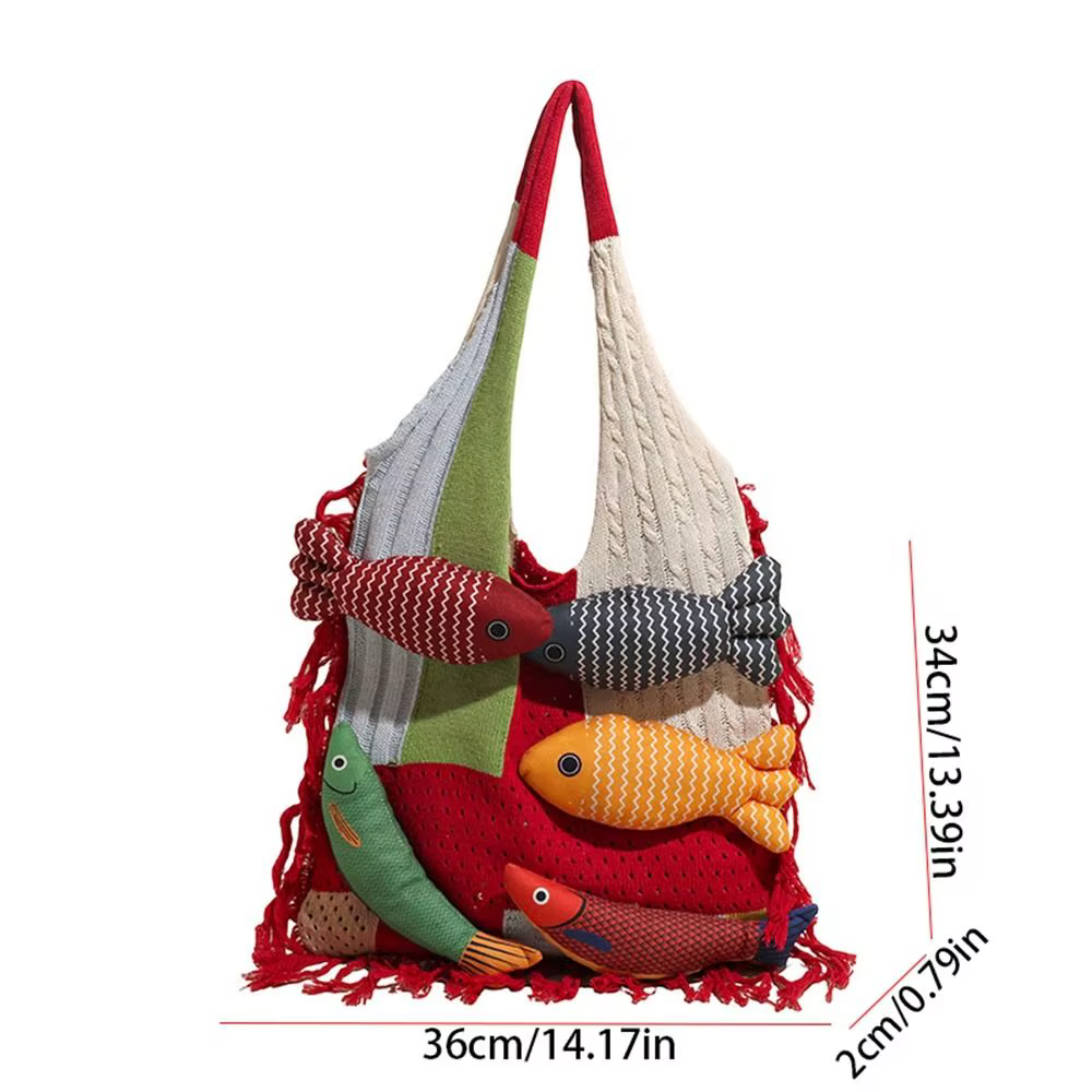 Sac à bandoulière d'été en coton Crochet, sac à main en tissage ajouré à la mode poisson, sac à main de grande capacité avec pompons, sac de plage, sac de Shopping