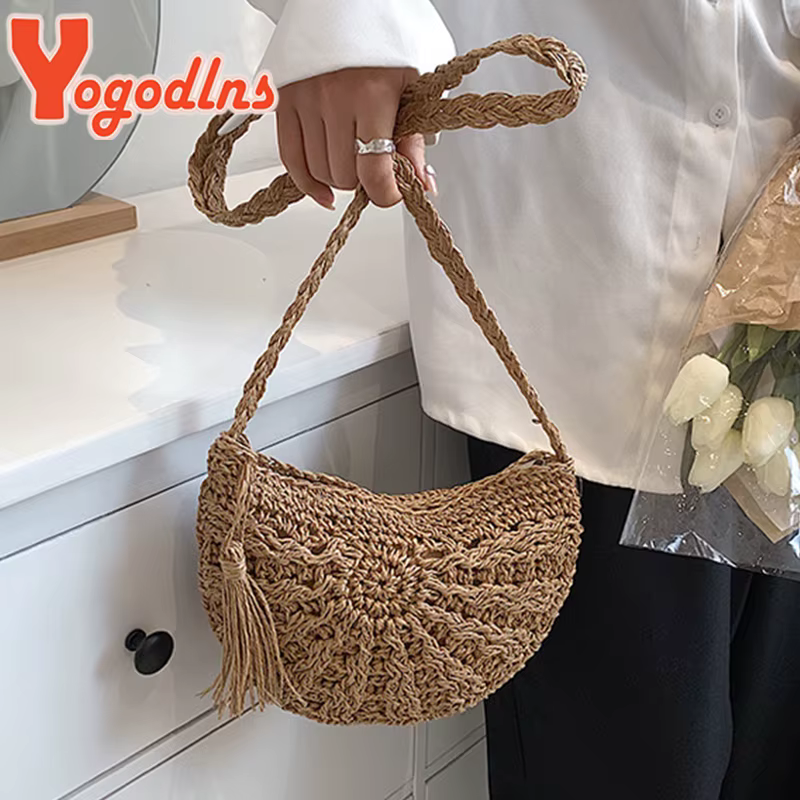 Yogodlns nouveaux sacs de paille demi-ronds pour les femmes été plage sac en rotin tissé à la main demi-lune