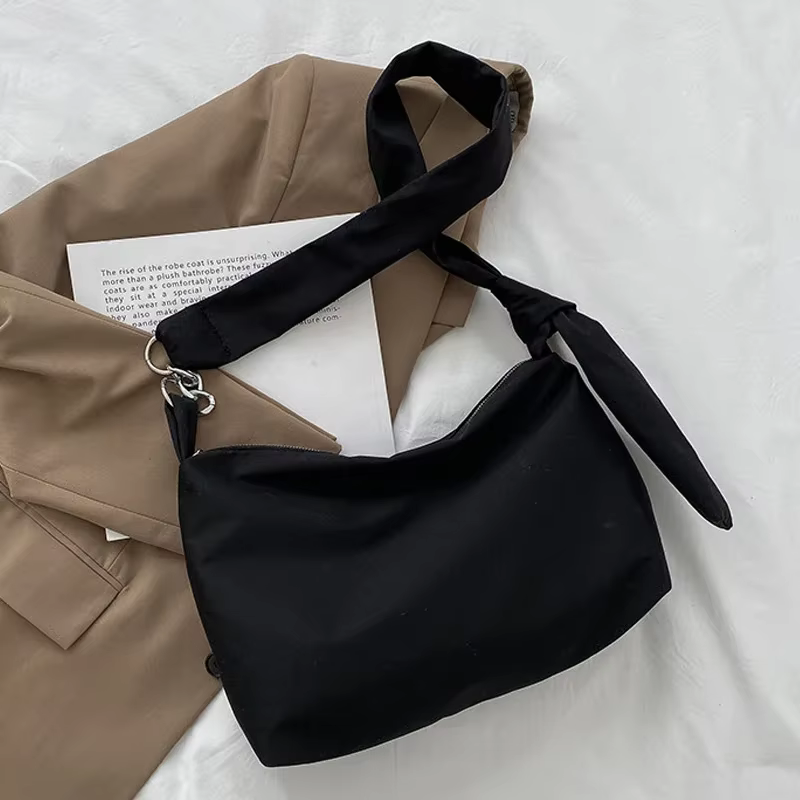 Sac à bandoulière noir pour femmes et filles, sac à main décontracté, solide, simple, sangles nouées, messager initié, fourre-tout