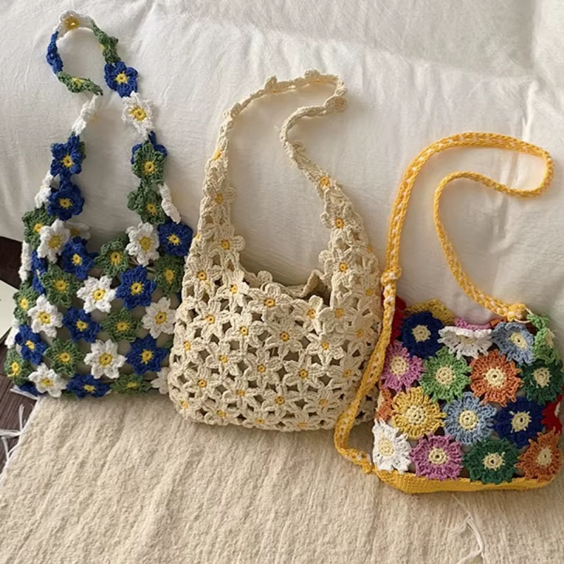 Sac à bandoulière en crochet floral fait main pour femme