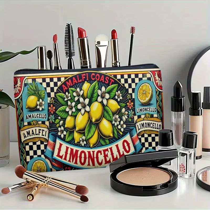 1 trousse de maquillage Amalfi Coast Lemonade - Impression double face de citrons et design à carreaux - Cadeau idéal