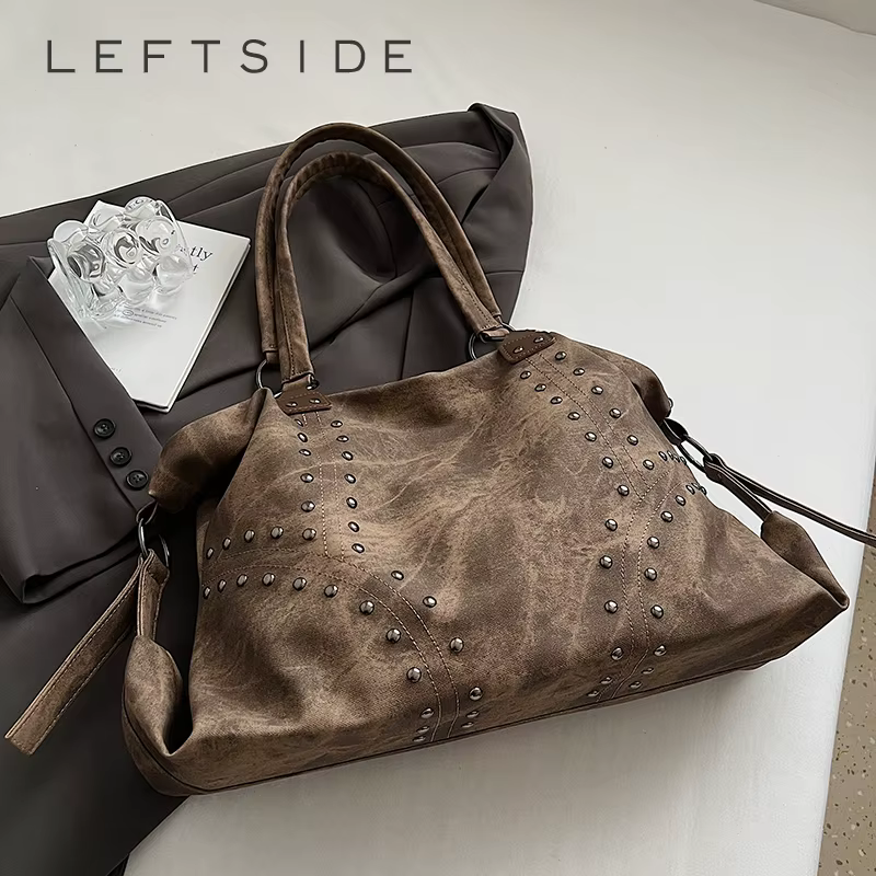 LEFTSIDE Rivets grande capacité sac à bandoulière en cuir PU pour femmes 2025 hiver luxe dame Style Punk concepteur fourre-tout sacs à main