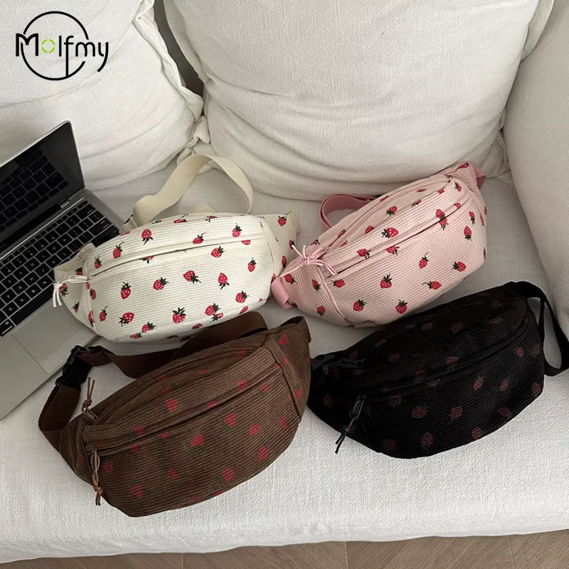 Sac de taille femmes hommes velours côtelé Fanny Pack fraises poche mode poitrine sac à main sport voyage sac