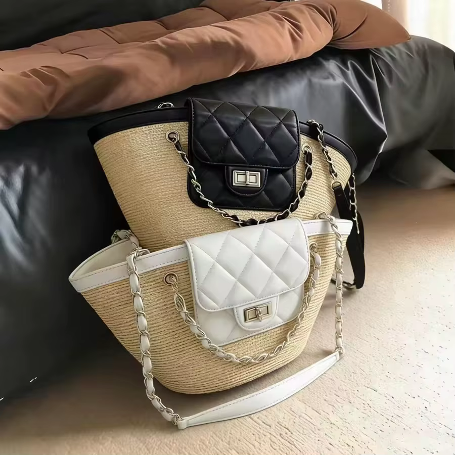 Nouveau Sac Fourre-tout de Plage en Paille Tressée Fait Main pour Femme