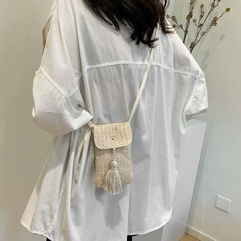 Sac à main tissé en paille tendance, fait main, style coréen, pochette pour téléphone pour femme, design de niche, couleur unie, sac de plage tissé, été