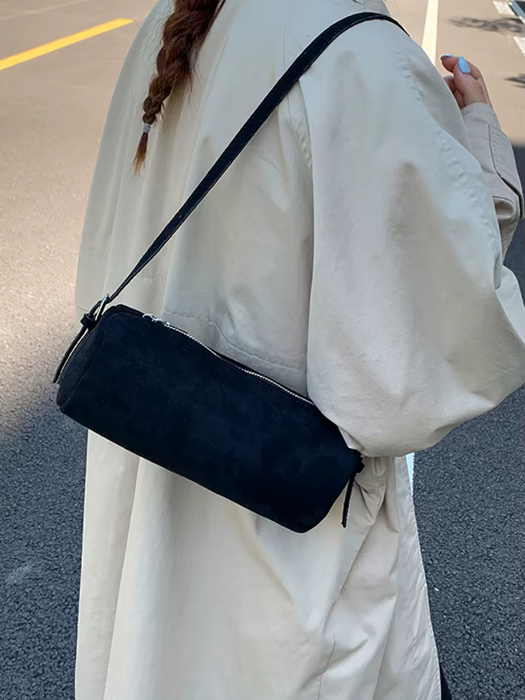 Sac cylindrique givré en daim de couleur unie pour femmes, sacs à bandoulière de grande capacité, tendance pour les déplacements et les Shopping