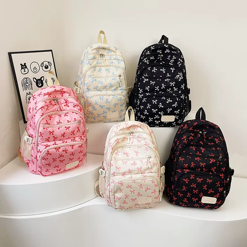 3 pièces/ensemble mignon fille grande capacité sac à dos nœud imprimé Nylon cartable sangle réglable femmes quotidien Campus sac à dos