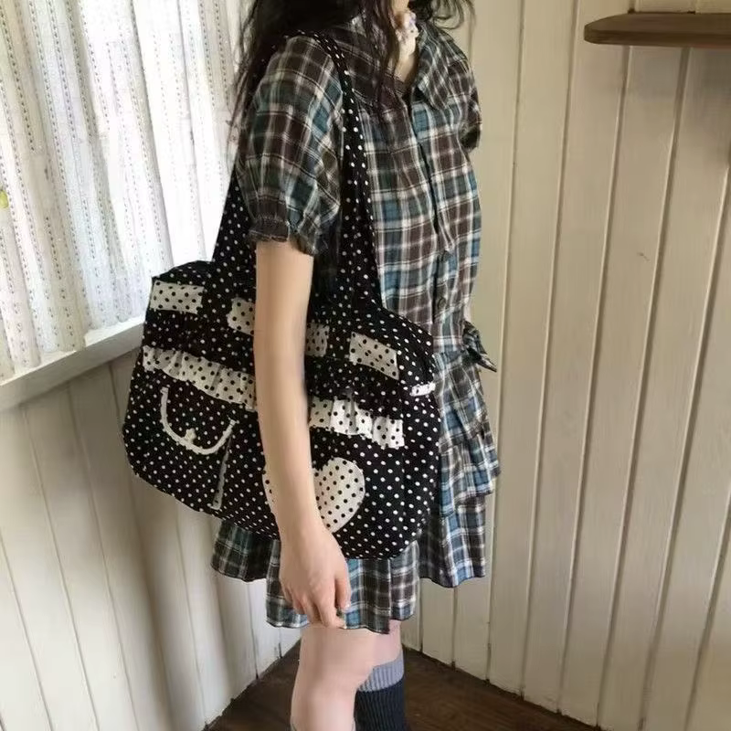 Sac fourre-tout en toile à pois rétro avec imprimé cœur