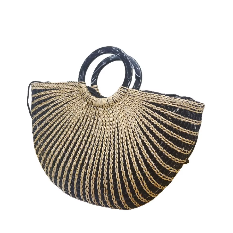 Sac de plage en paille tressé style Ins pour femme avec cordon de serrage