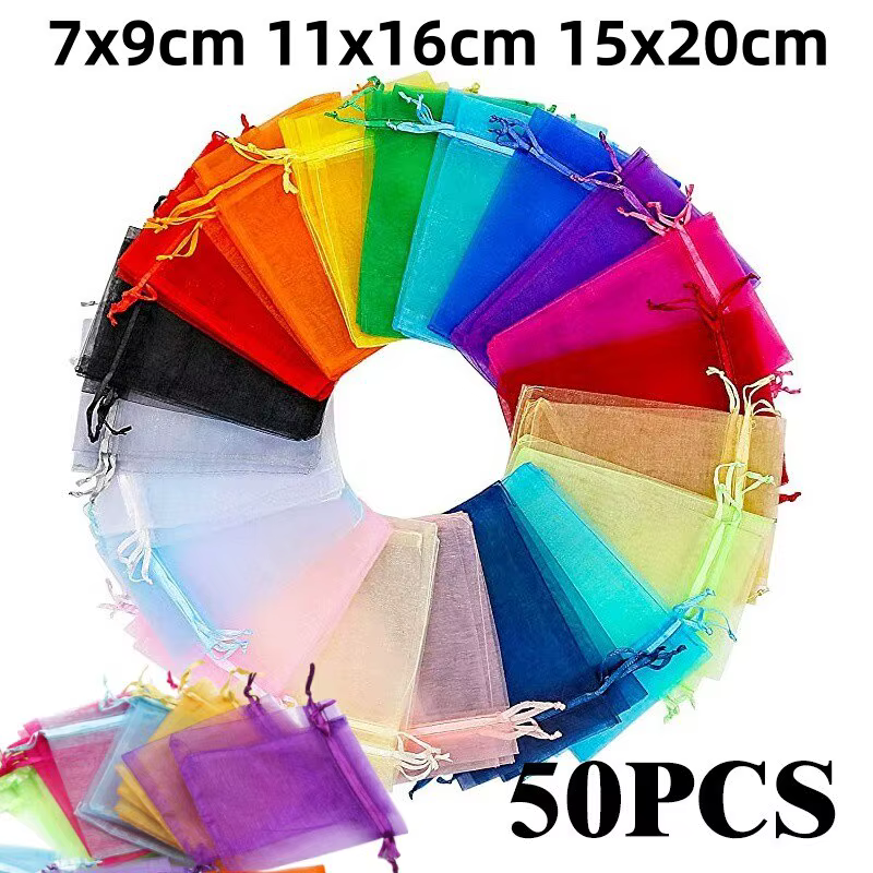 50 pcs/Lot Multicolore Bijoux Emballage Sac 7*9 11*16 15*20cm Organza Sacs Cadeau De Stockage De Mariage Cordon Pochettes En Gros