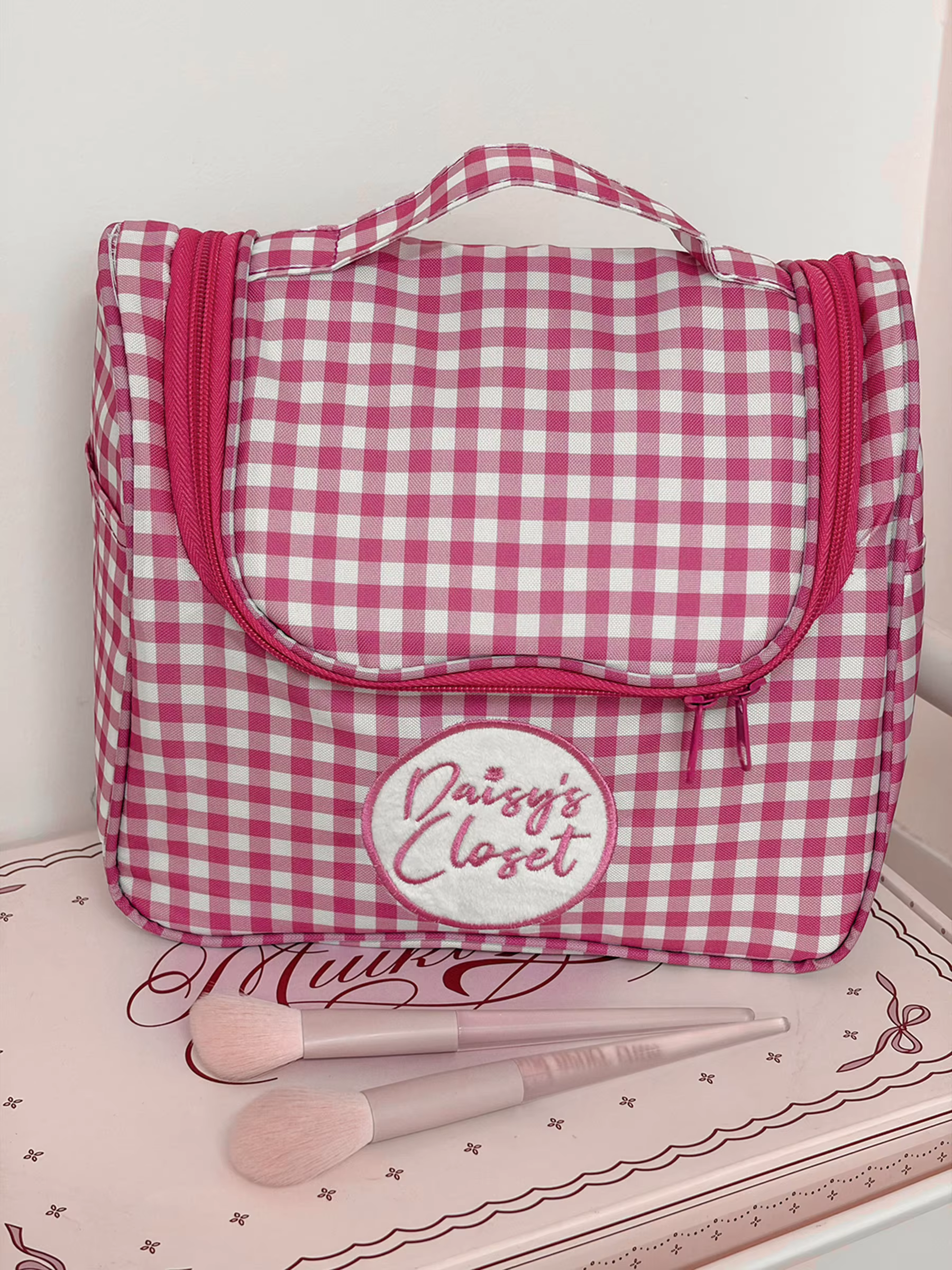 Pochette de maquillage Airfriend à motif quadrillé, sac de voyage matelassé pour organiser les cosmétiques, trousse de toilette de luxe pour femmes, vente en gros