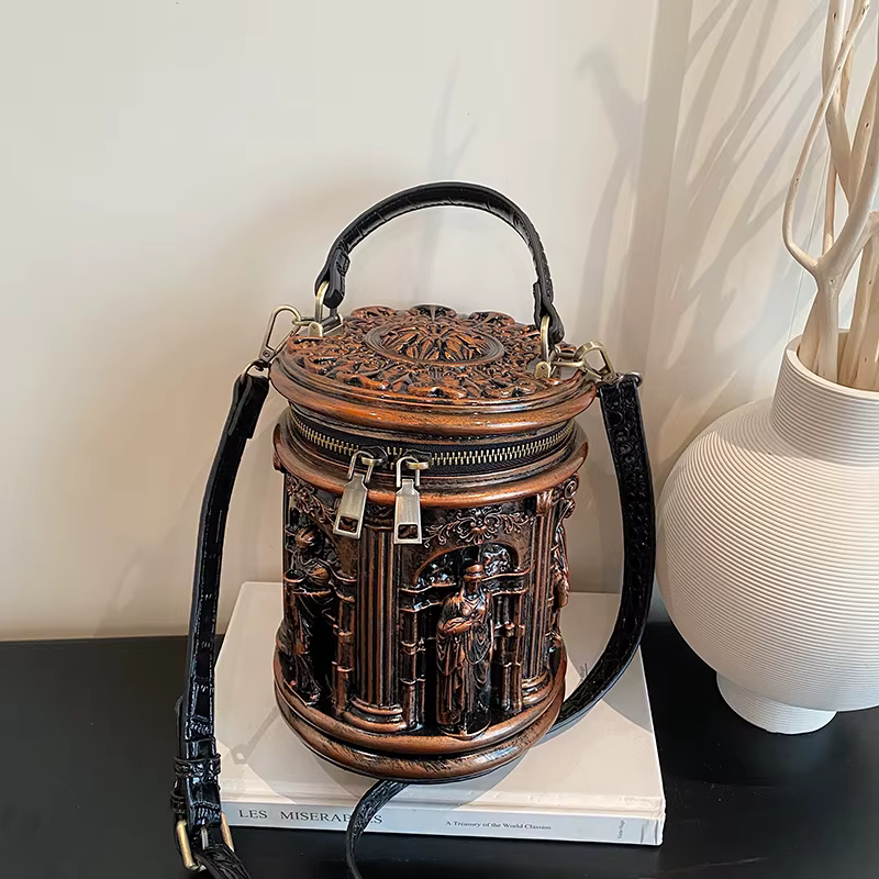 Sac seau mini vintage en PU à relief 3D pour femme