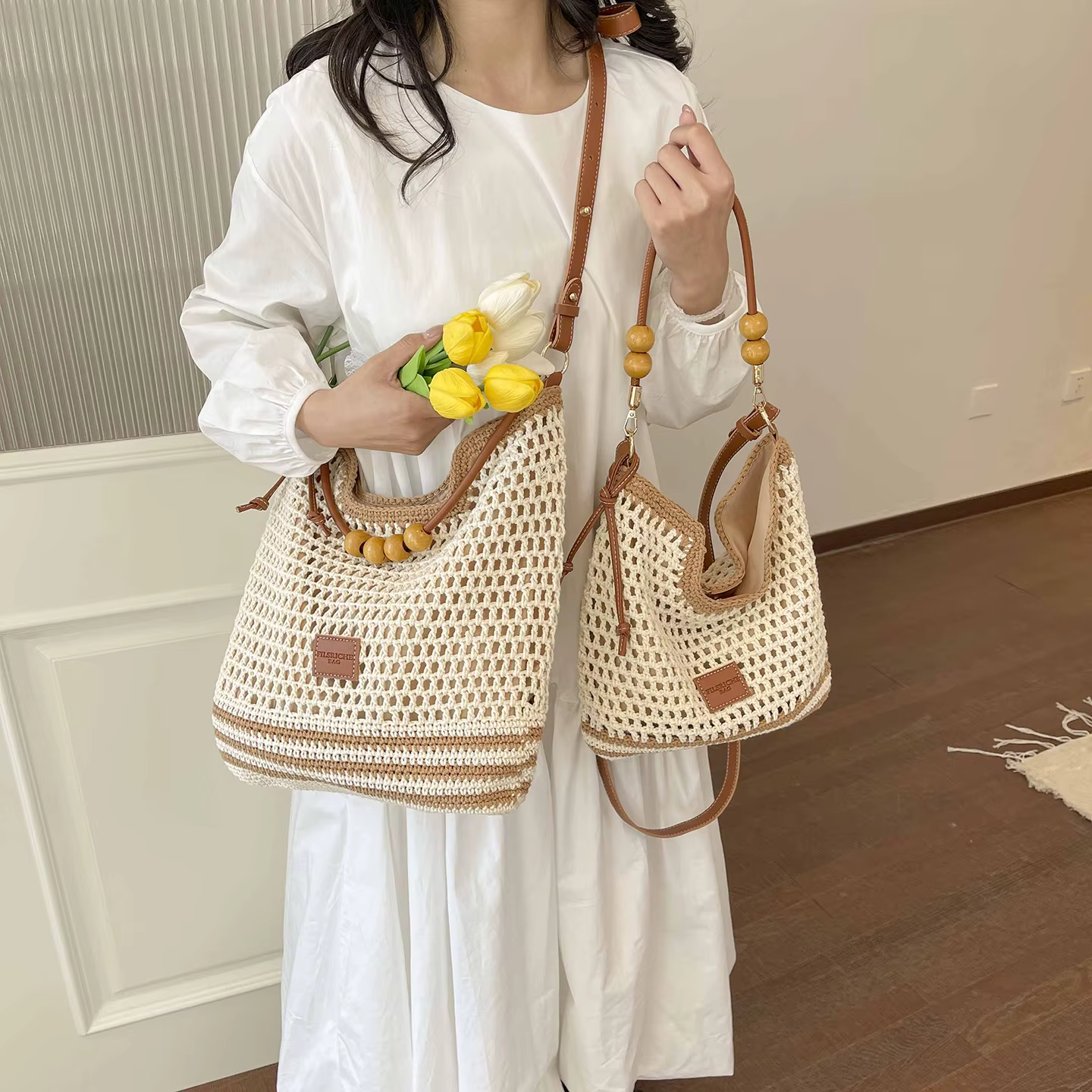 Sac fourre-tout en coton crocheté grande capacité
