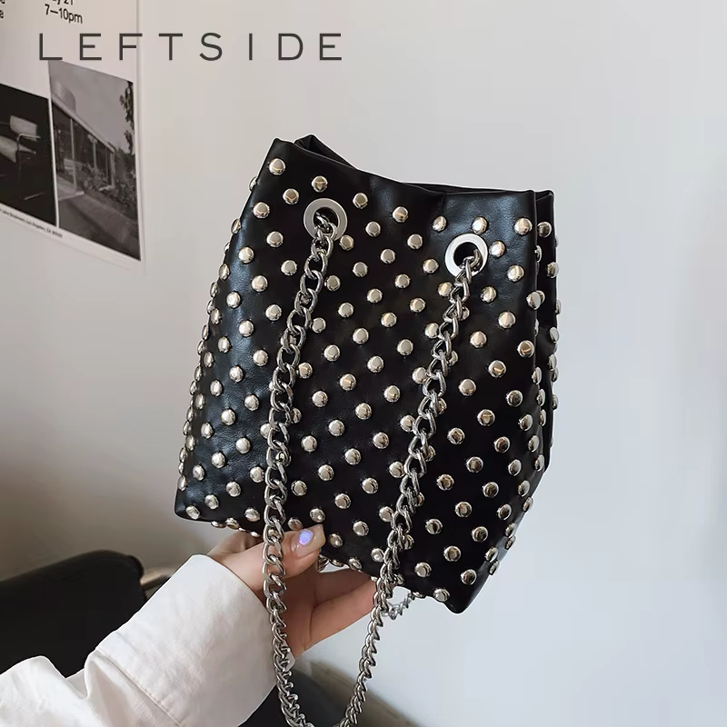 LEFTSIDE rétro petits Rivets sac à bandoulière en cuir PU pour femmes 2025 Style Punk sacs à main seau