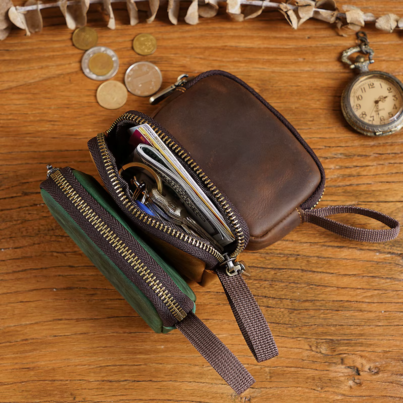 Porte-monnaie en cuir véritable avec porte-clés