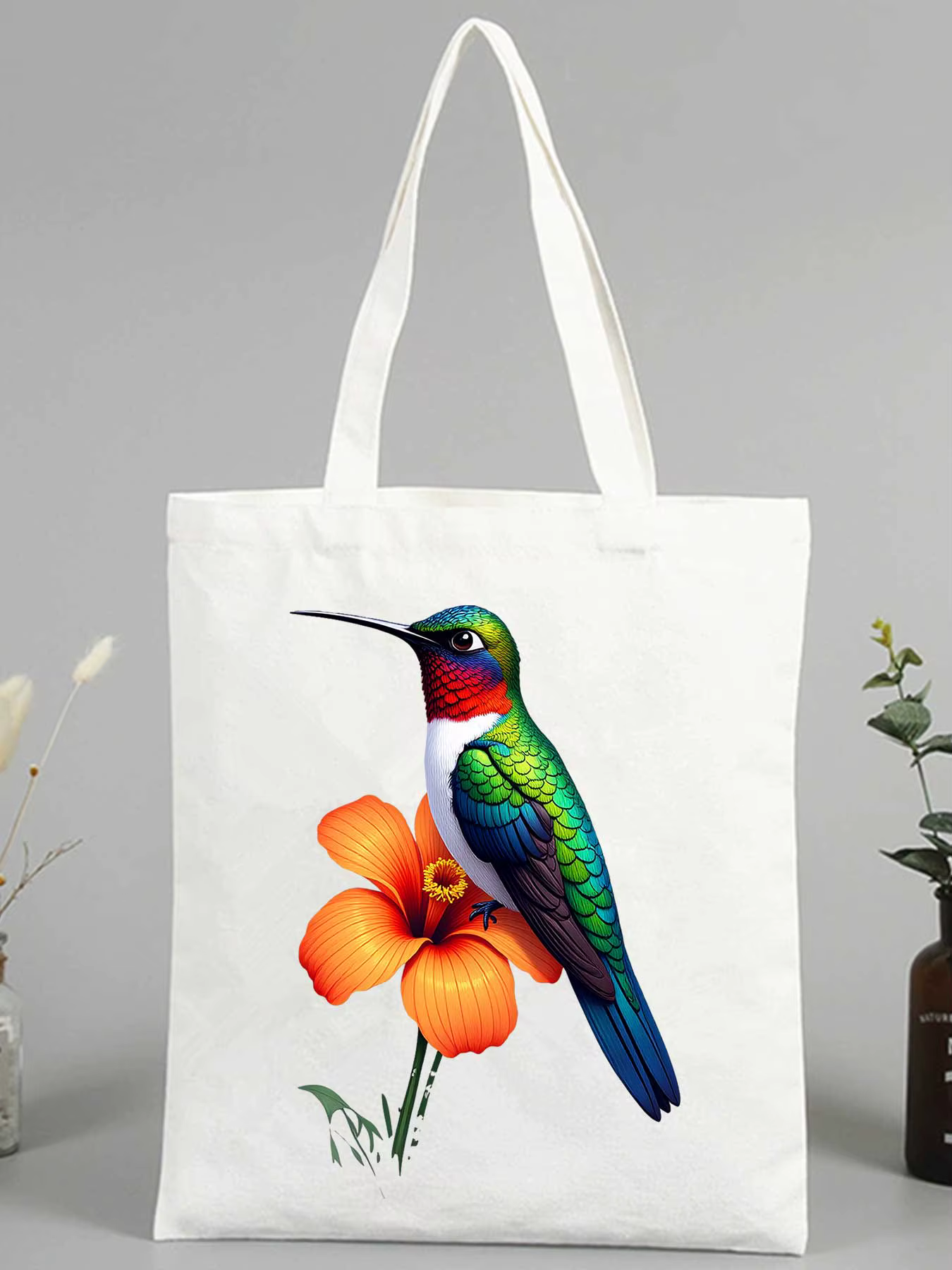 Sac fourre-tout en toile pour femme avec motif colibri et hibiscus