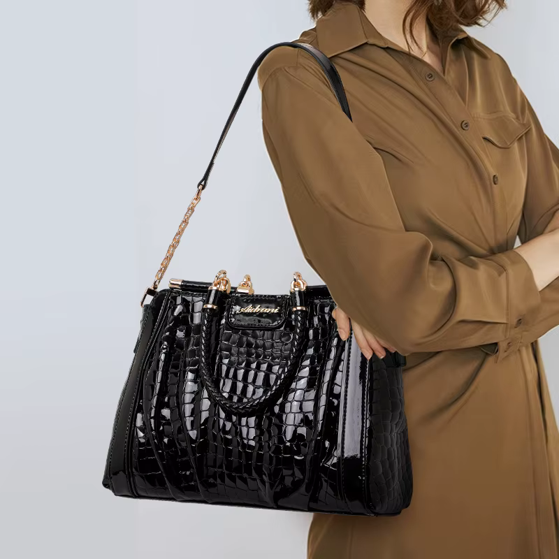 Nouveau sac fourre-tout en cuir verni effet croco brillant pour femme