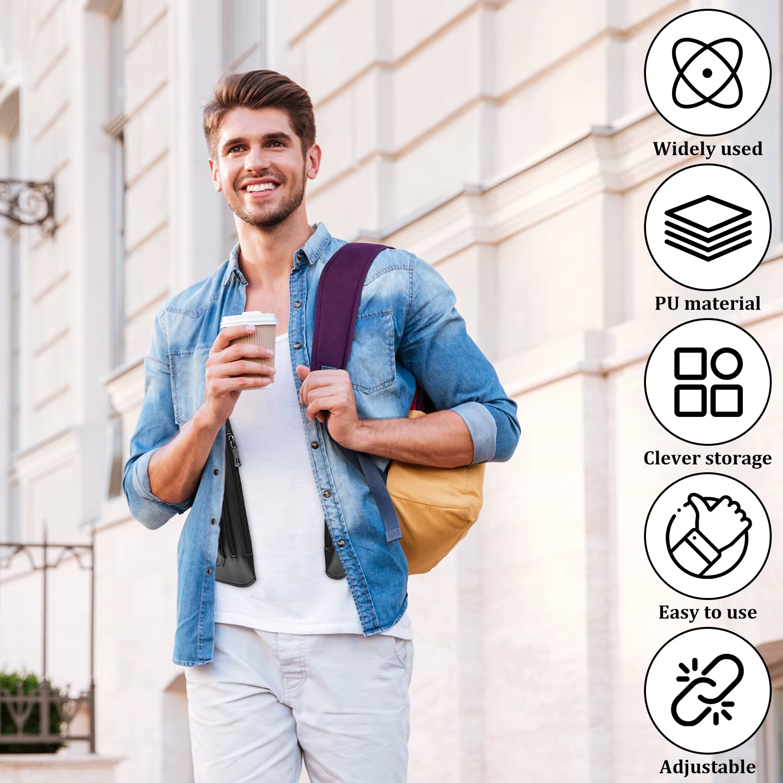 Sac antivol sous les bras PU Double bandoulière multi-poches extérieur