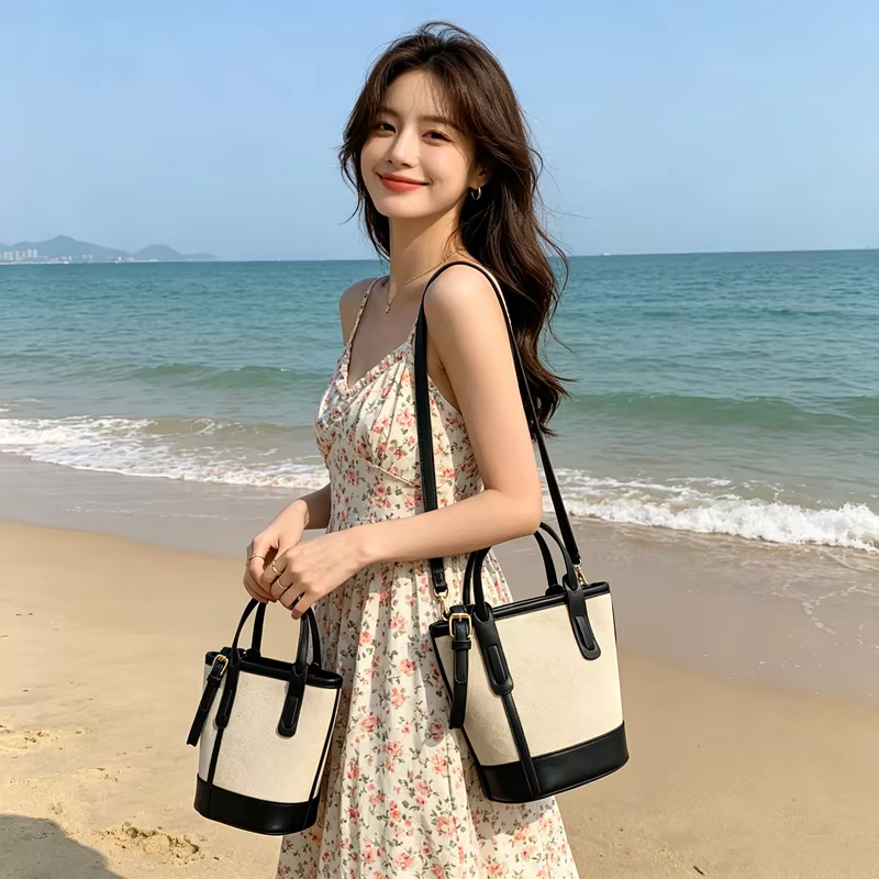 Sac seau vintage en toile et cuir pour femme