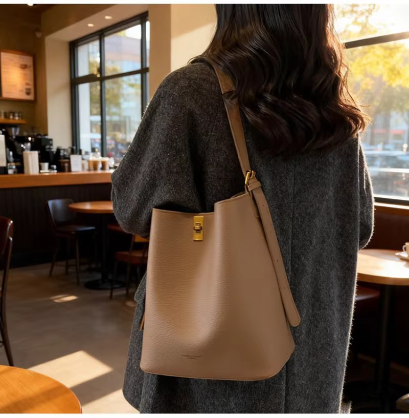 Sac seau minimaliste en similicuir camel