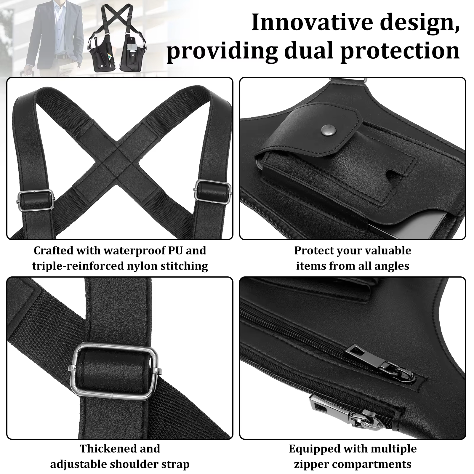 Sac antivol sous les bras PU Double bandoulière multi-poches extérieur