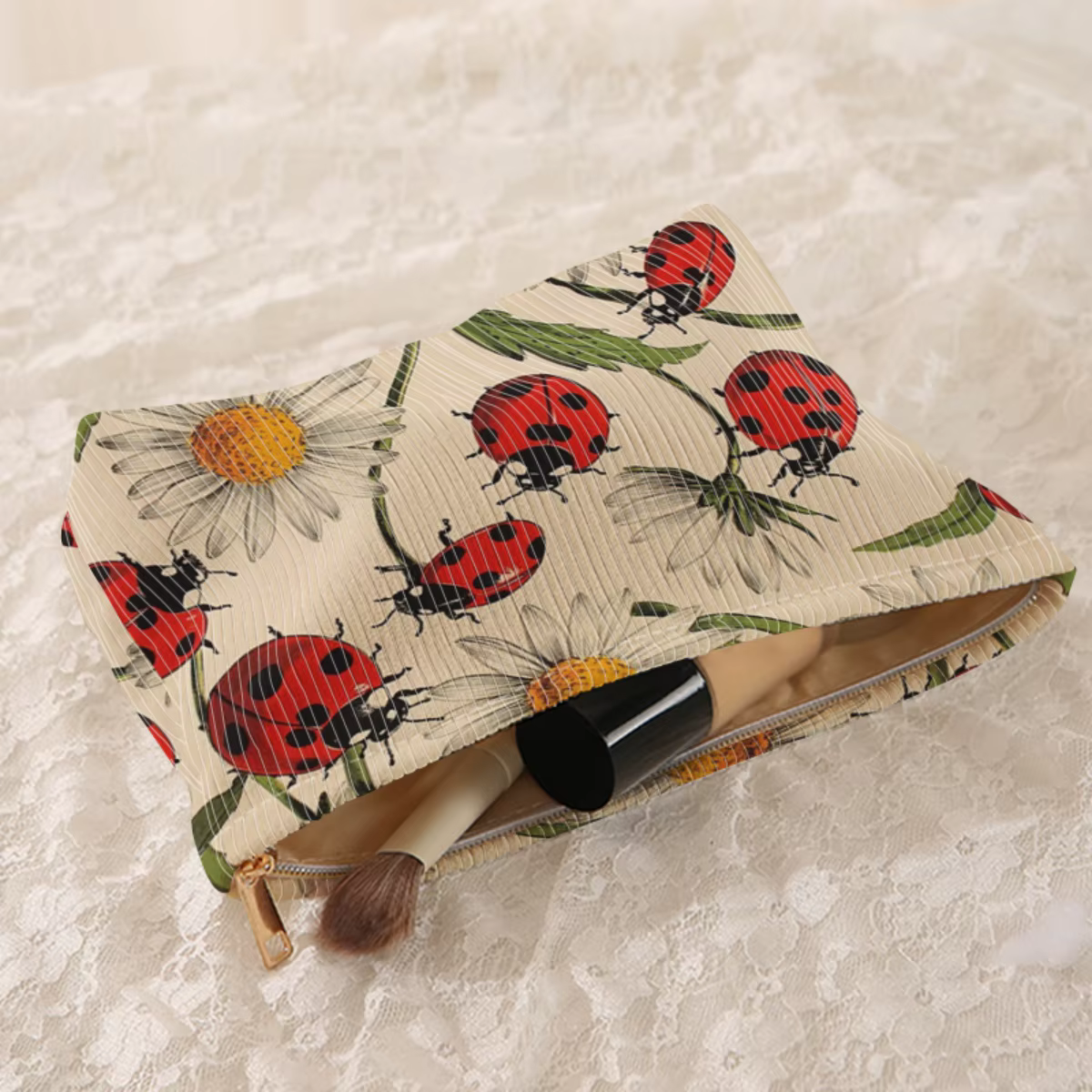Trousse de maquillage en velours côtelé à motif coccinelle