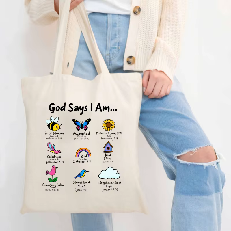 Sac fourre-tout en toile blanche avec versets bibliques inspirants et éléments naturels et texte colorés