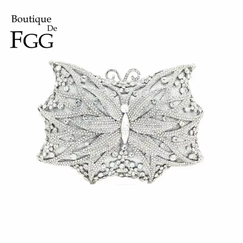 Bouotique De FGG Bling femmes argent papillon pochette sacs à main De soirée mariée mariage strass Minaudiere