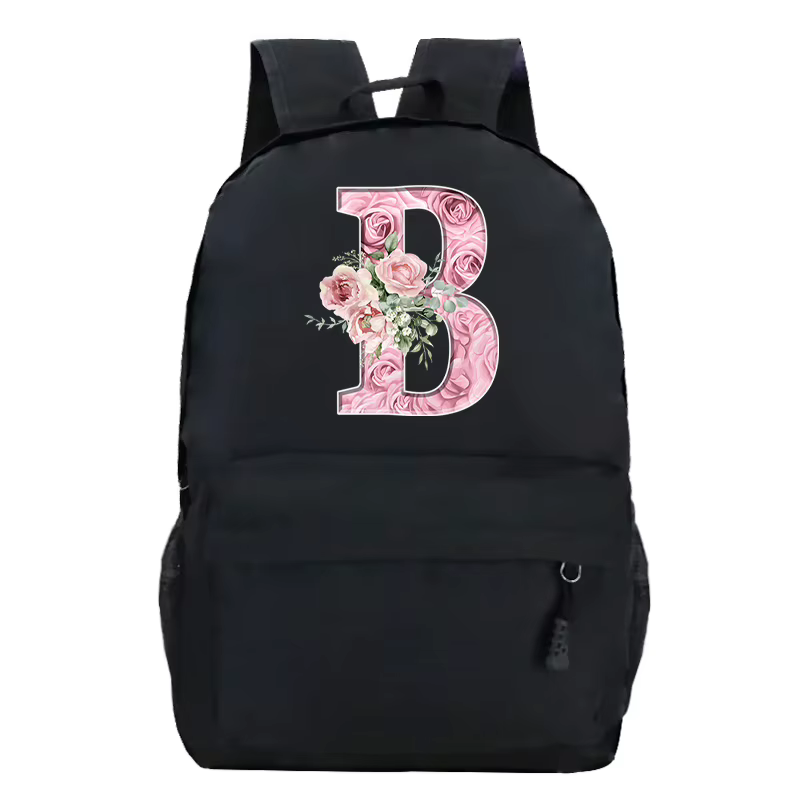 Rose Rose Alphabet sac à dos noir décontracté femmes esthétique sac à dos adolescente garçon fleur lettre sac d'école étudiant Mochilas