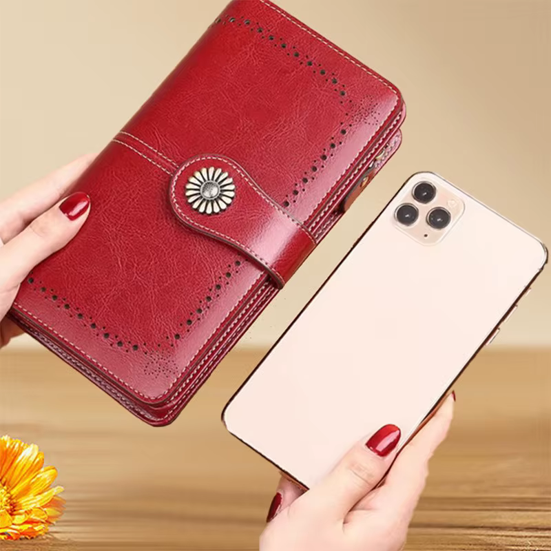 Pochette portefeuille longue en cuir PU perforé Vintage