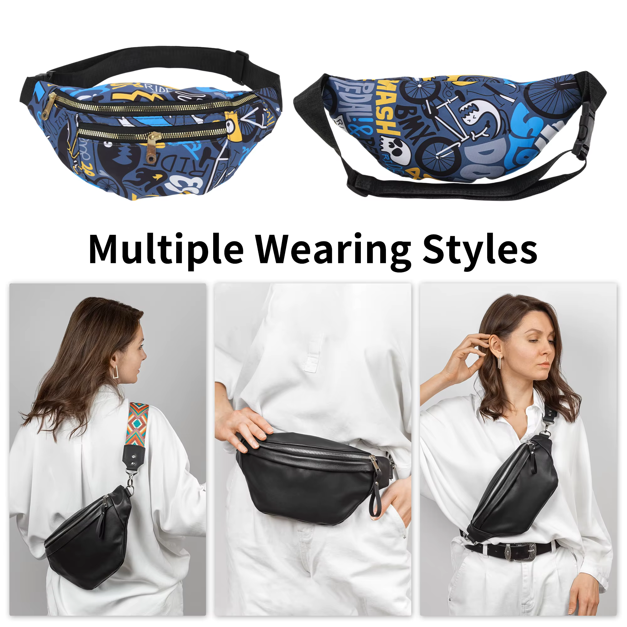 X Autohaux Sac banane imprimé mode rétro noir bleu 1 pièce
