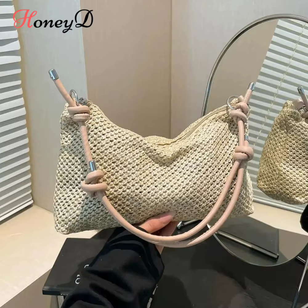 Sac de plage d'été en paille tressé à la main pour femmes et jeunes filles