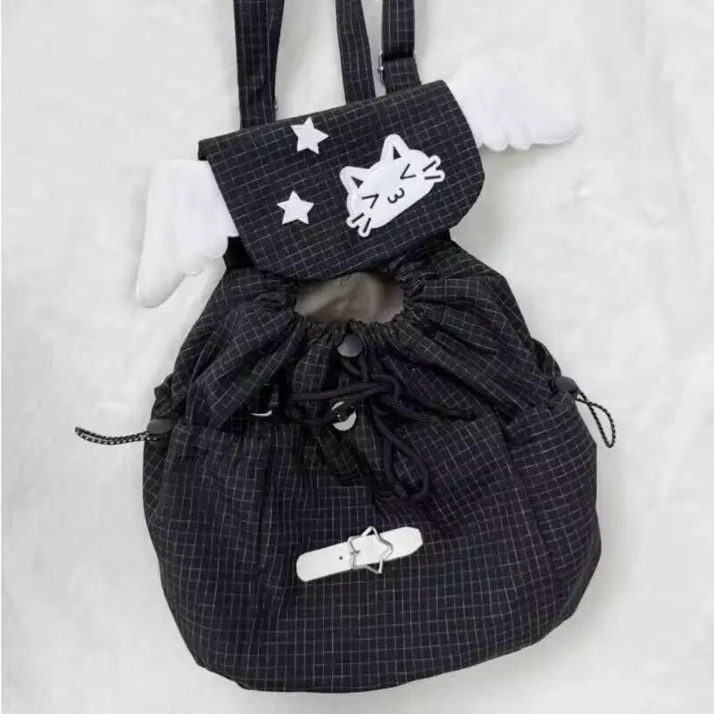 Sac à dos chat brodé noir blanc Style à carreaux léger mignon petites épaules polyvalent étudiant trajet Campus sac à dos