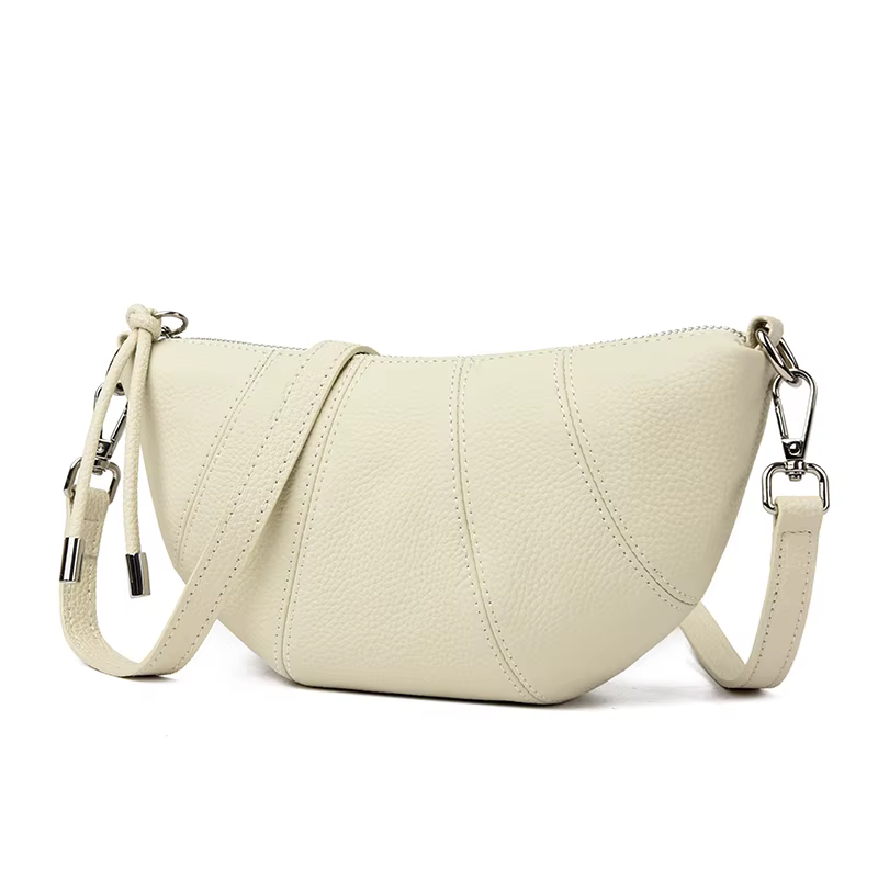 Sac beige en forme de croissant ‌ Sac bandoulière minimaliste en cuir véritable pour femme