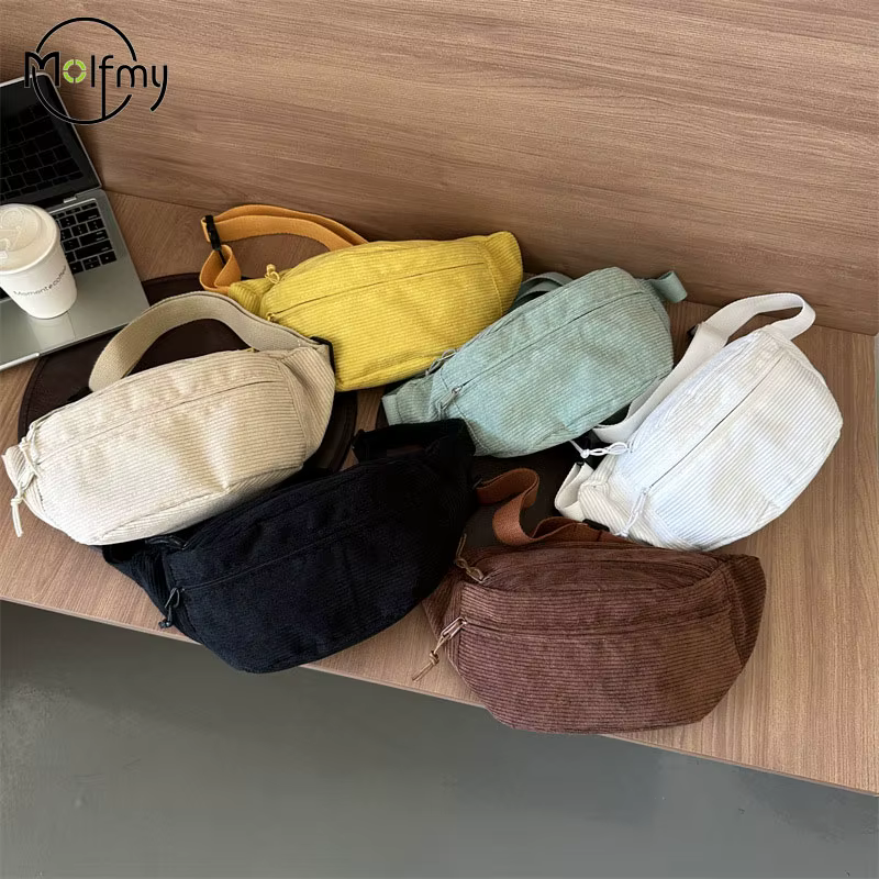 Femmes taille sac velours côtelé étudiant épaule sac à main bandoulière poitrine