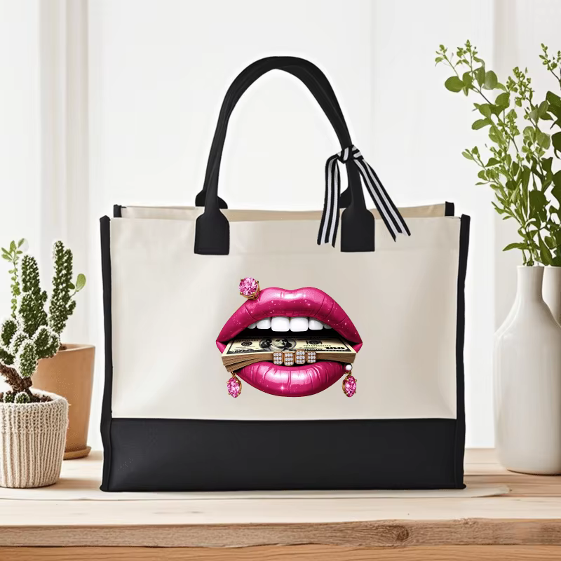 Sac fourre-tout tendance avec lèvres crème et noires