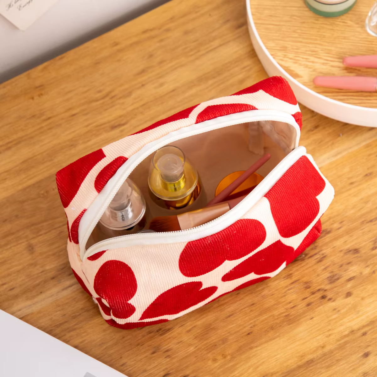 Sac de maquillage à motif de cœur rouge pour femmes