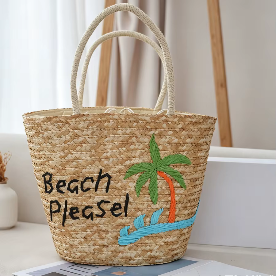Sac à bandoulière de plage en paille tressée avec broderie coco