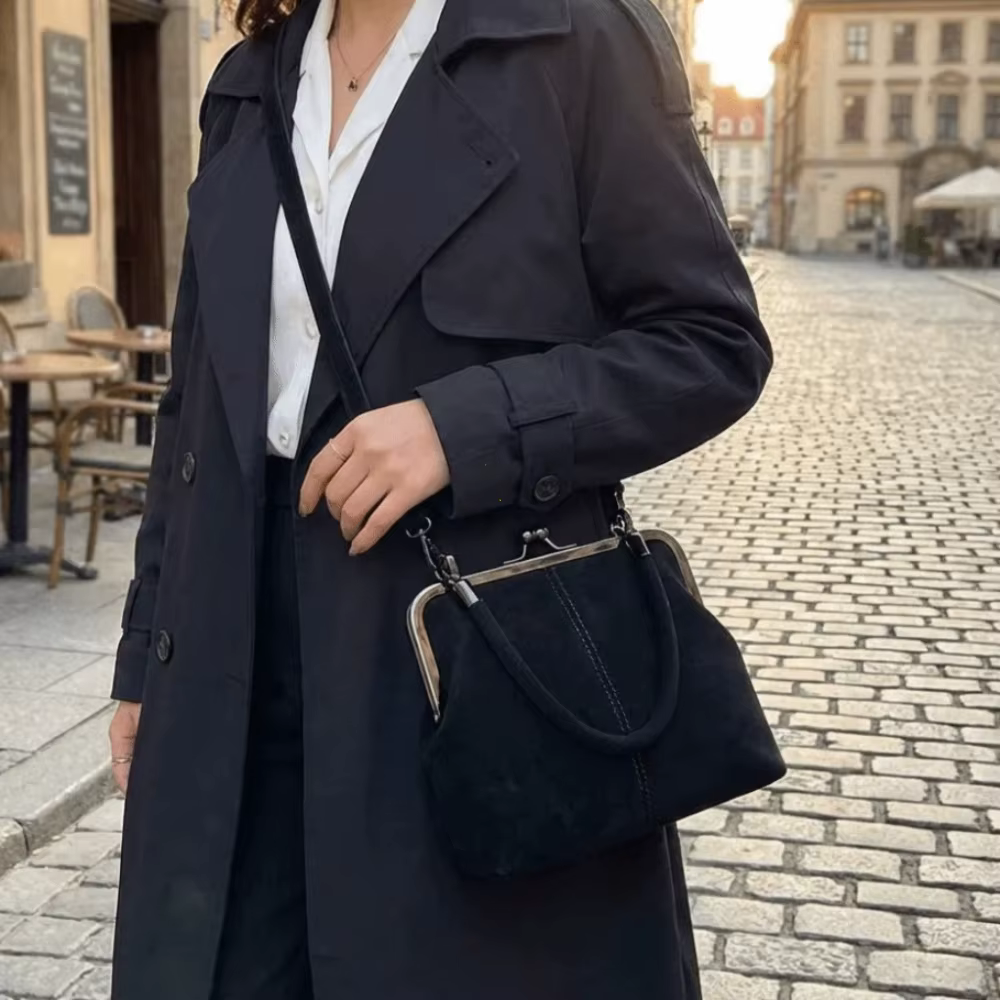Sac à main rétro grande capacité en cuir PU givré avec fermoir Kiss Lock
