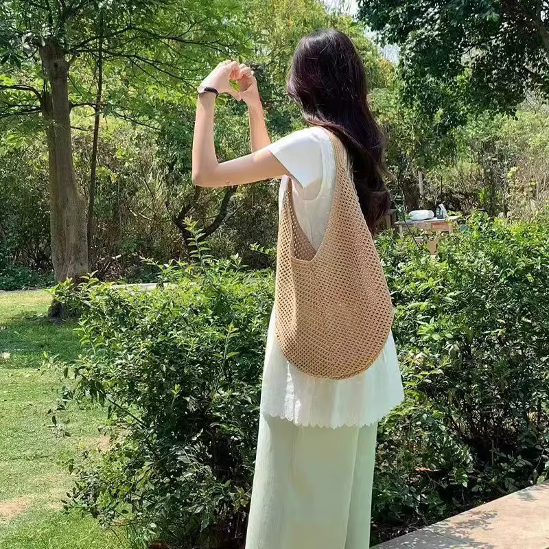 Sacs à bandoulière tissés ajourés grande capacité, sacs sous le bras en tricot, sacs fourre-tout en crochet solide, sacs de plage en maille d'été, sacs à main tendance pour femmes