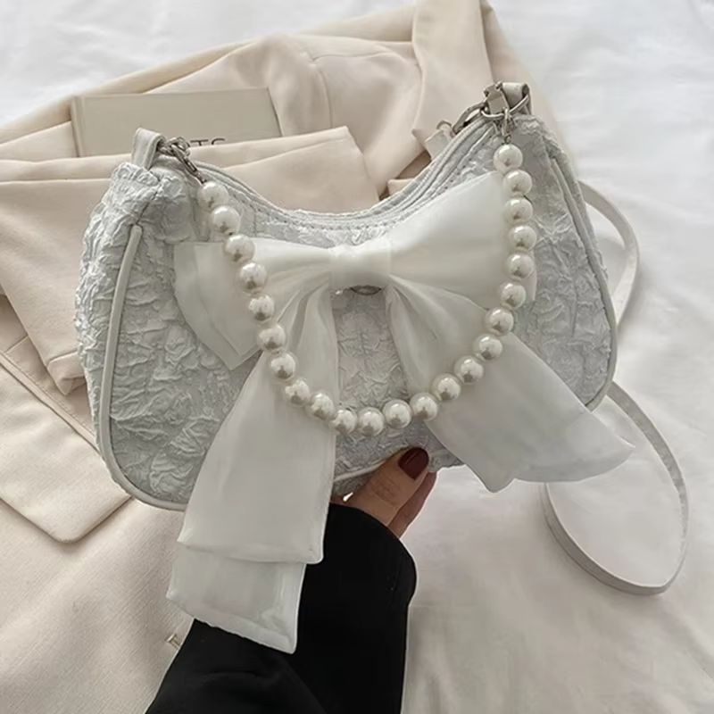 Sac à main plissé blanc en perles pour femmes
