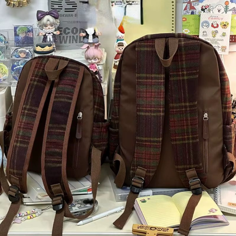Sac à dos à carreaux vintage pour femmes, sac à dos grande capacité, mode douce, Ulzzang imprimés Girls, extérieur, décontracté, Bergame, automne, hiver