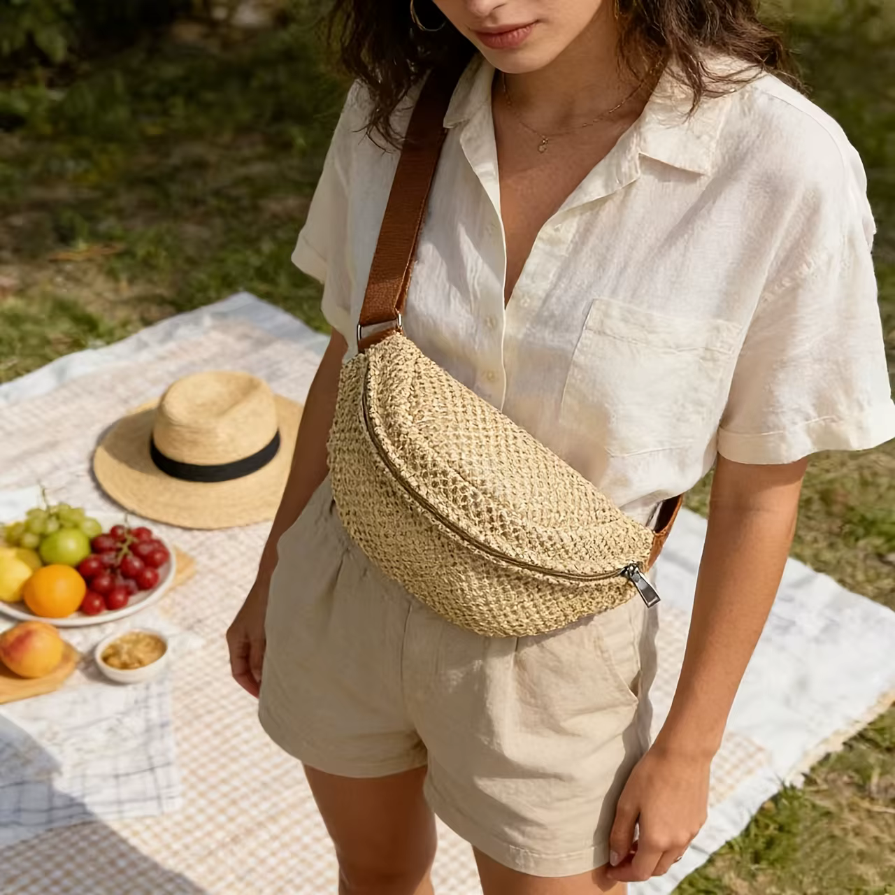 Sac banane tressé en paille pour femme