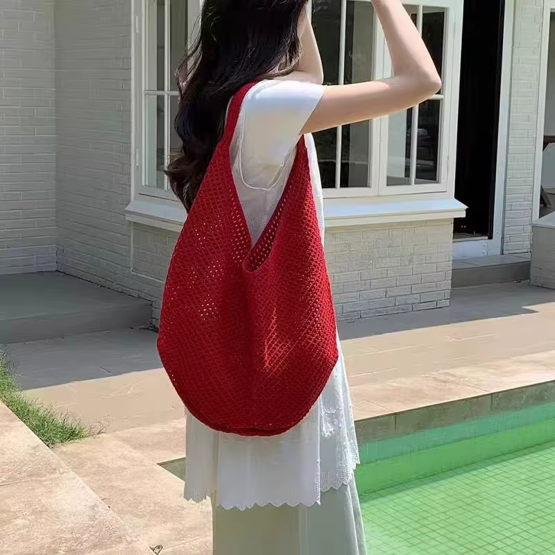 Sacs à bandoulière tissés ajourés grande capacité, sacs sous le bras en tricot, sacs fourre-tout en crochet solide, sacs de plage en maille d'été, sacs à main tendance pour femmes