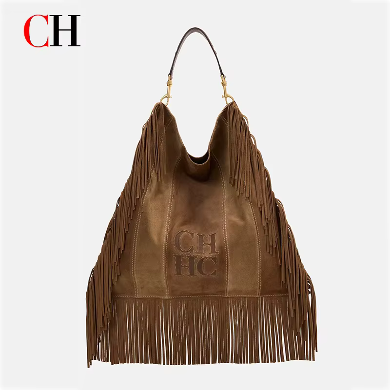 Sac Hobo à Franges CH en Cuir Véritable et Daim Marron Grande Capacité