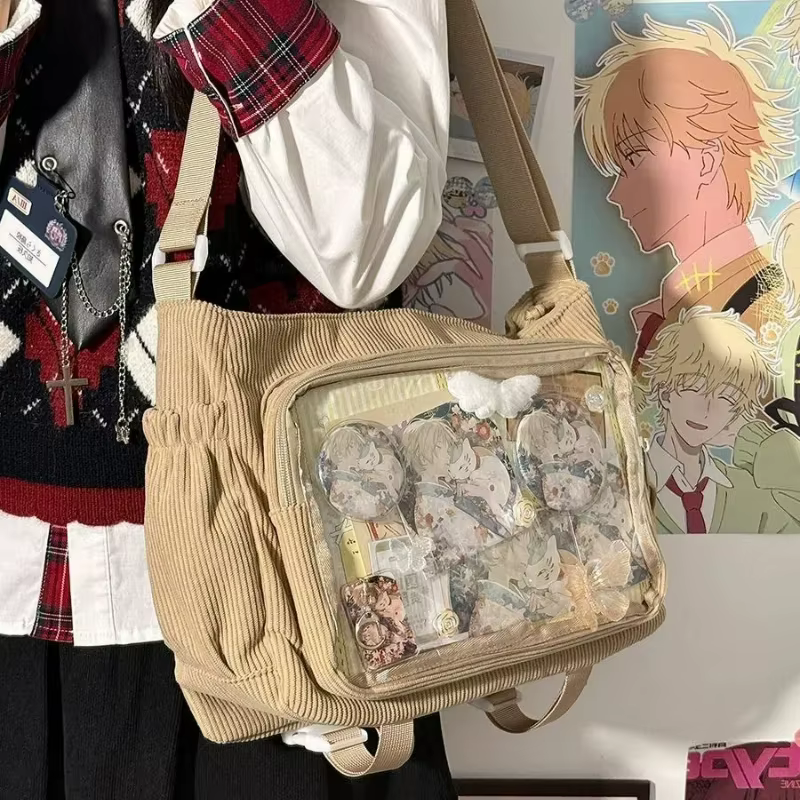 Nouveau Kawaii Itabag hiver doux velours côtelé sacs à bandoulière Transparent sac clair Collage étudiant sac