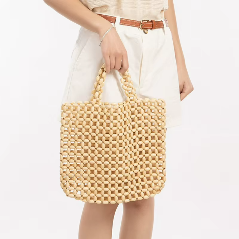 Sac à main rétro en perles de bois tissées à la main