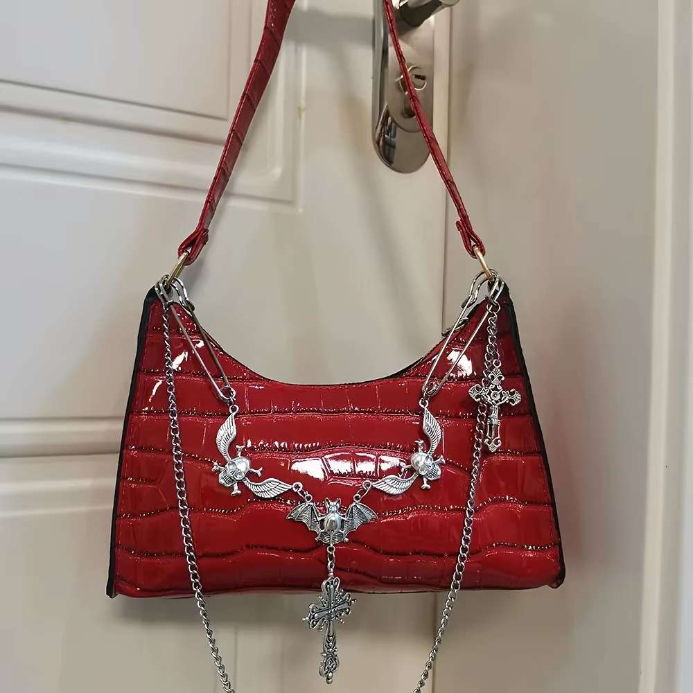 Sac à main gothique Y2K avec chaîne tête de mort et croix - Petit sac à bandoulière en similicuir style punk pour femme